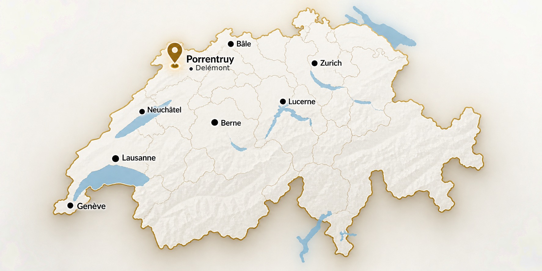 Carte de la Suisse et principales villes desservies, avec Porrentruy mise en évidence